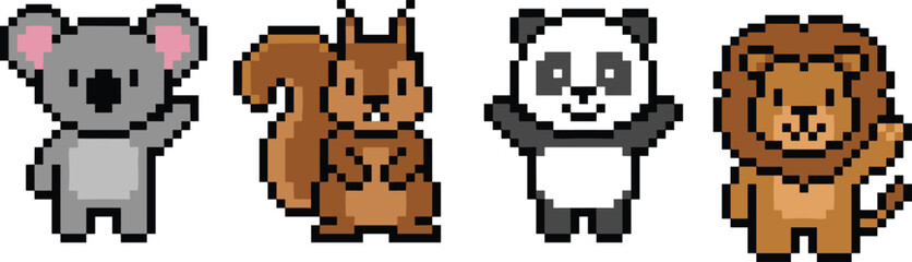 Cute pixel animal characters set, koala squirrel panda lion, kawaii retro 8bit game vector illustration icons for kids design assets © Mst