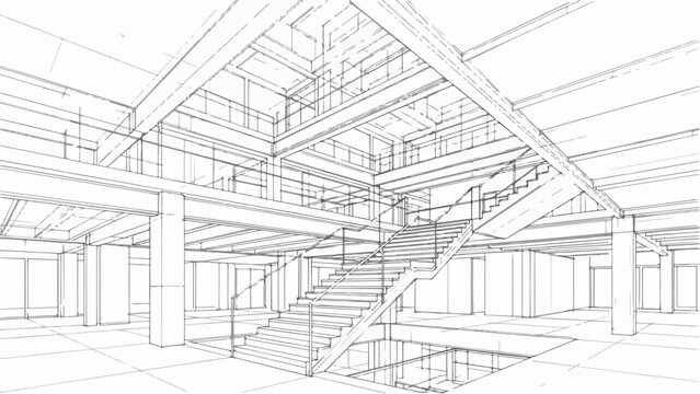 Perspective view of a modern industrial warehouse interior with exposed steel structure
