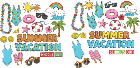 Obraz premium Cartoon summer vacation objects like swimsuits, sunglasses, ice pops, and a prominent schools out message