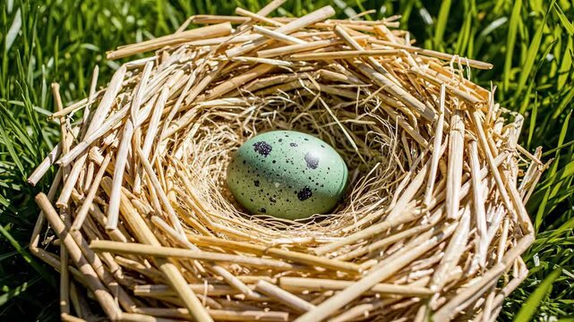 Striking top down aerial view over a perfectly circular, intricate straw nest receiving a smoothly descending single light green easter egg pastel color, clean background, isolated subject