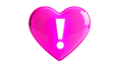 Glossy pink 3D heart with a white exclamation point at its center against a black background