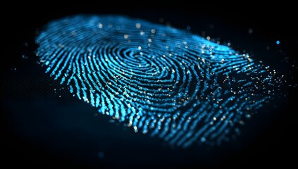 Close up macro view of a glowing blue fingerprint illuminated against a dark background revealing intricate ridge patterns and unique identification details