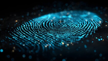 Close up of a glowing blue fingerprint pattern illuminated against a dark background with subtle digital data elements suggesting identification and security concepts