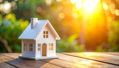Wooden model house on grass symbolizing new beginnings in homeownership under summer sky perfect
