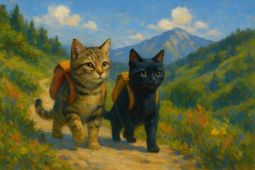 Obraz premium Two cats hiking on a sunny day