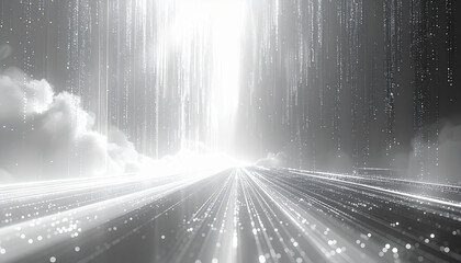 Dark, empty world Minimalistic virtual Futuristic reality with geometric shapes and floating structures, bright light source. Dark,