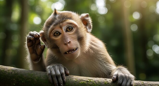 Portrait of a curious macaque monkey listening in a sunlit forest.