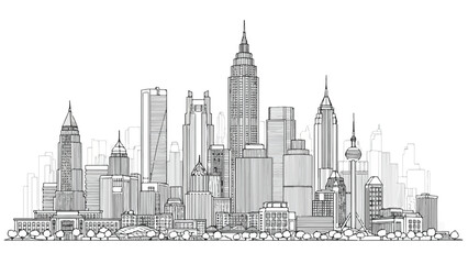 Fototapeta premium Artistic panoramic sketch of a city skyline with prominent office towers