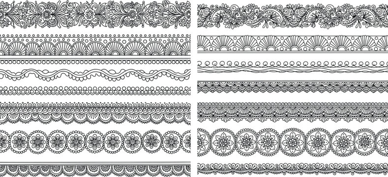Intricate line art henna border patterns with traditional floral and geometric motifs for decorative textile trim