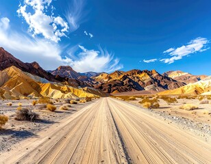 Desert road leads to colorful mountains under a blue sky