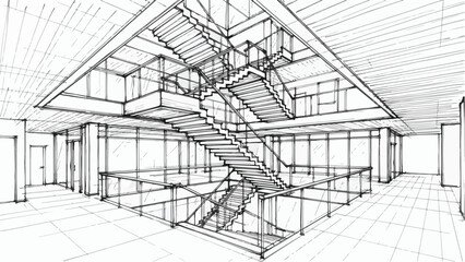 Fototapeta premium Internal architectural sketch of a modern atrium with central stairs and glass walls