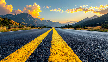 A low angle view of an asphalt road with double yellow lines leading to the horizon with a sunset in the distance
