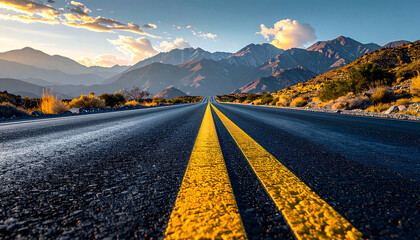 A low angle view of an asphalt road with double yellow lines leading to the horizon with a sunset in the distance
