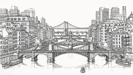 Fototapeta premium Wide city river view with a suspension bridge and classic riverside architecture