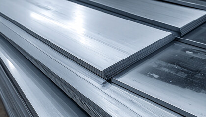 Obraz premium Stacked sheets of brushed metal with reflective surfaces in a factory setting steel aluminum