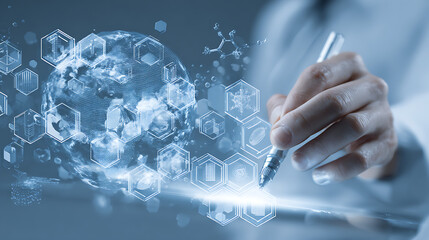 Hand using stylus on tablet displaying a translucent blue globe surrounded by hexagonal icons representing global data networks and