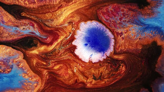 Abstract fluid art with swirling golden copper and vivid blue patterns