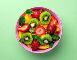 Fruit bowl kiwi, strawberry, orange, mint, vibrant, fresh