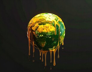 Earth melting, dripping golden liquid on dark background