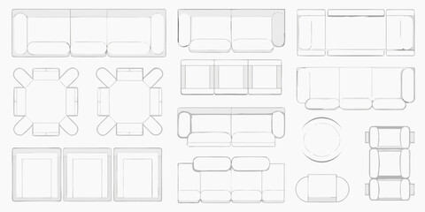 Obraz premium Overhead view of furniture arrangements sofas chairs tables and sectionals