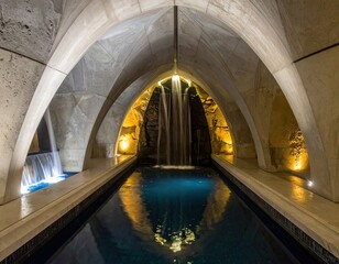 Arched ceiling room with pool and waterfall feature