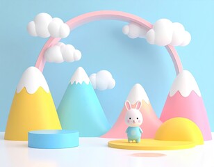 Cute bunny amid pastel mountains, rainbow, and white clouds