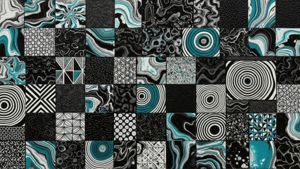 Vibrant geometric patterns in black, white, and teal for modern design