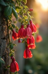 Red Chilean bellflower blossoms hang on vine near stone wall. Sunlight shines through petals. Green leaves grow on plant. Nature flora closeup.