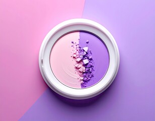 Powder compact, pink and purple, cracked cosmetic