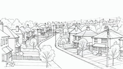 Obraz premium Wide perspective drawing of a suburban residential street with family houses