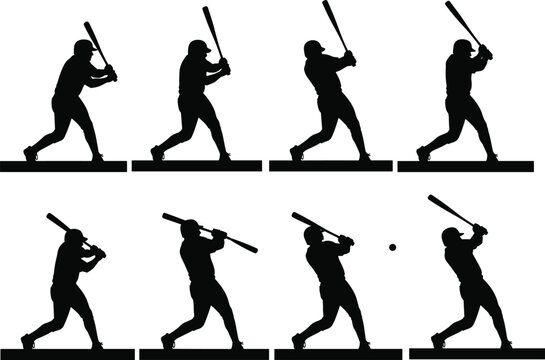 Baseball Player Batting Swing Motion Silhouette Set, Including Sequence of Hitting Ball, Athlete Action Poses, Sports Vector Illustration for Design Projects.