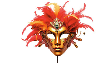 Obraz premium Elegant Golden Venetian Mask Adorned with Red and Yellow Feathers