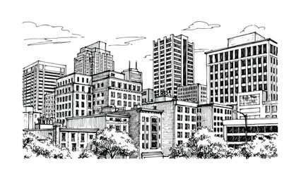 Fototapeta premium Detailed urban street view sketch with commercial buildings and street level activity