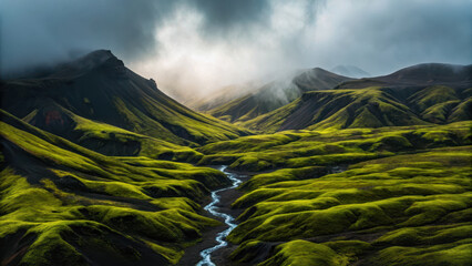 Immersive aerial journey. Lush volcanic valley with moss covered lava fields and winding river under dramatic clouds