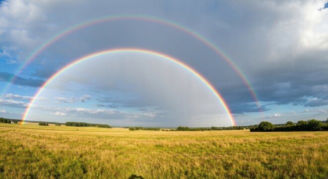 Double rainbow spanning a golden field under a partly cloudy sky