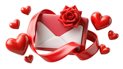 A romantic red heart gift box decorated with a pink ribbon bow and a bouquet of roses creates a perfect Valentine celebration present for a wedding or holiday card