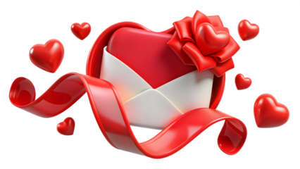 A shiny red ribbon tied in a decorative bow creates a beautiful heart shape for a romantic Valentine celebration or a Christmas holiday gift card design