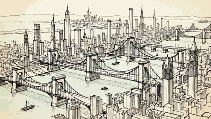 Extensive panoramic sketch of a city harbor with bridges and tall skyscrapers