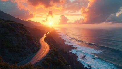 Curving road winds along rocky cliff beside ocean at dramatic sunset. Sun sets over calm sea with waves crashing on shore. Sky shows orange clouds reflecting on water.