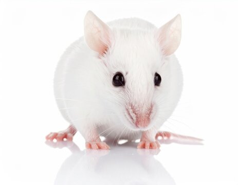 A fluffy white mouse with pink feet and ears against a white backdrop