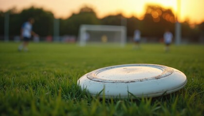 Worn ultimate frisbee disc lies on green grass near sports field. Blurred players engage in game at sunset. Warm golden light reflects on equipment.
