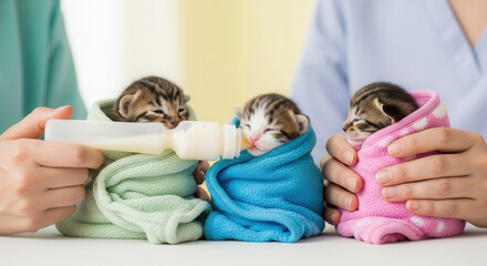 Caring hands bottle feeding adorable newborn kittens wrapped in soft colorful blankets, creating a heartwarming scene