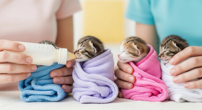 Caring hands bottle-feeding adorable newborn kittens wrapped snugly in colorful blankets, capturing a heartwarming moment of nurturing