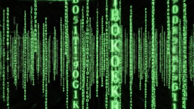 Green digital rain of binary code falling on black background.
