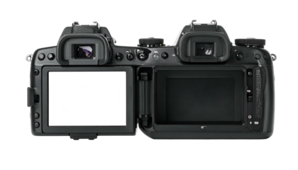 Overhead shot of a DSLR camera with the screen open to the left, revealing a blank white display. The right side is open