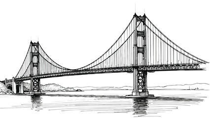 Fototapeta premium Simplified line drawing of a massive suspension bridge spanning over water