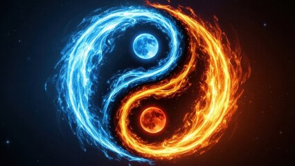 Yin yang symbol with fiery and icy moon phases in space