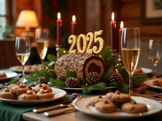 Beautifully set Christmas dining table in cozy cabin