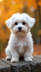 Obraz premium Small white fluffy Maltese dog sits on stone. Autumn leaves in warm colors surround the canine. Sunny day lighting creates a calm and peaceful atmosphere. The adorable pet looks at camera.
