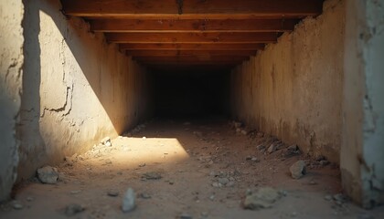 Narrow stone tunnel leads into darkness. Wooden beams form ceiling above dirt floor strewn with rocks. Shadowy crawlspace implies hidden areas or construction.